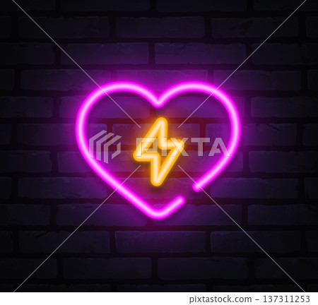 Neon vector heart icon with yellow lightning symbol on brick wall. Suitable for energy concepts, emotions, and dynamic graphic projects. 137311253