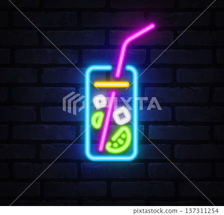 Colorful neon vector of a fresh lemonade with ice cubes and citrus slices. Luminous lines give a modern street style vibe. Ideal for cafe decor, menu design, or summer promotions. 137311254