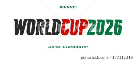World Cup Font Logo Alphabet Bold Condensed Letter Number Set Sport Typography, Football Basketball Race Typographic Design for Title Text Headline or Logotype. Action Game Fonts. Vector Typeface 137311319