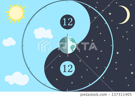 Spring equinox yin yang with earth sun moon stars and equal 12 hour day and night balance illustration Spring equinox yin yang with earth sun moon stars and equal 12 hour day and night balance illustration 137311405