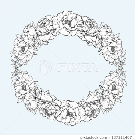 Wreath of Peonies. Round Frame of Peony painted by black inks. Line art vector illustration spring flowers. Floral sketch in outline style. Vector monochrome illustration with line art Peonies. eps10 Wreath of Peonies. Round Frame of Peony painted by black inks. Line art vector illustration spring flowers. Floral sketch in outline style. Vector monochrome illustration with line art Peonies. eps10 137311407