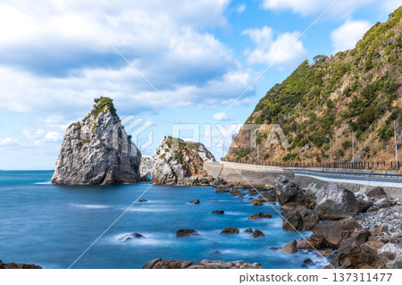 View of Tategan Rock and the coastline from the road leading to Shirasaki Marine Park 137311477