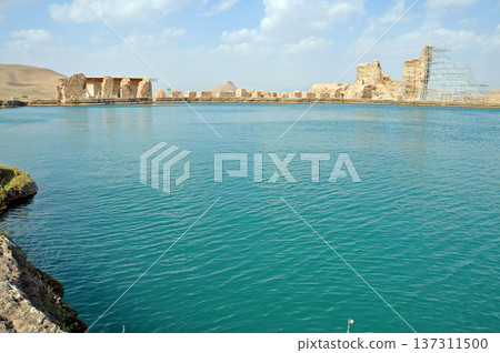 Iran: Zendane Soleyman seen across Lake Takht-e Soleyman 137311500