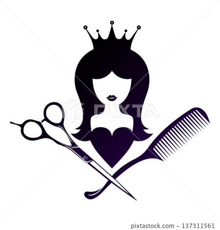 Silhouette of a girl with a crown, scissors and a comb Silhouette of a girl with a crown, scissors and a comb 137311561