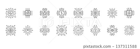 AI Processor Chips Line Icons Set with Starburst. Artificial Intelligence Linear Symbols with Brain, Chip, Robot, Cloud Computing, and Human Head. Futuristic Digital Technology Outline Vector AI Processor Chips Line Icons Set with Starburst. Artificial Intelligence Linear Symbols with Brain, Chip, Robot, Cloud Computing, and Human Head. Futuristic Digital Technology Outline Vector 137311588