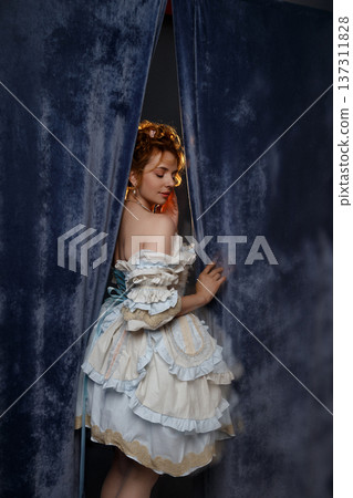 Scene Depicting Actor Stepping Through Velvet With Soft Lighting And Dramatic Tension Across Stage 137311828