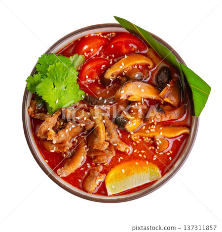 soup with meat, shiitake mushroom, tomato, cilantro, lime and sesame seed 137311857