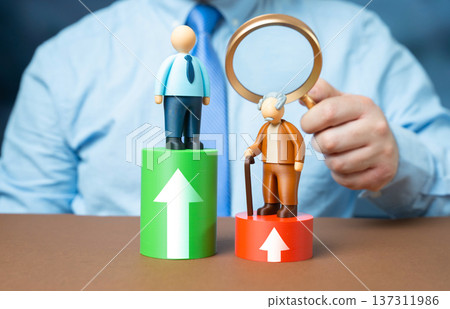 A comparison of the standard of living of a young worker and a retired man. Elderly people lack the means to live exposing income inequality and pension gap. A comparison of the standard of living of a young worker and a retired man. Elderly people lack the means to live exposing income inequality and pension gap. 137311986