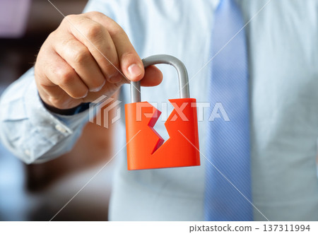 A broken padlock in the hands of a businessman. Business or government vulnerability to cyberattacks and urgent cybersecurity risk management strategy. A broken padlock in the hands of a businessman. Business or government vulnerability to cyberattacks and urgent cybersecurity risk management strategy. 137311994