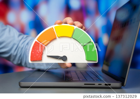 A businessman holding a performance scale showing red. Low efficiency and terrible productivity with financial losses and urgent turnaround strategy. A businessman holding a performance scale showing red. Low efficiency and terrible productivity with financial losses and urgent turnaround strategy. 137312029