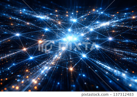Abstract network of glowing blue and amber light connections 137312483