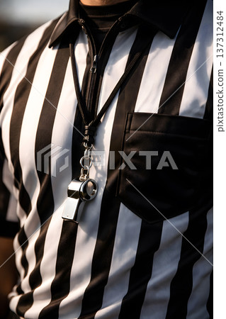 Referee wearing black and white striped shirt with whistle Referee wearing black and white striped shirt with whistle 137312484