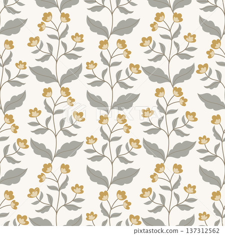 Seamless yellow floral pattern with gray leaves in vintage style 137312562