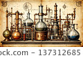 Intricate alchemical apparatus filled with various shapes and sizes of glass and metal containers. Pipes connect different parts, showing the process of distillation. 137312685