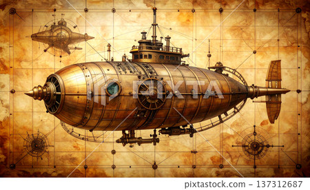 This blueprint presents a design of an early submersible vessel with a steampunk style. It includes various features and details of the underwater craft. The layout shows an innovative concept. 137312687