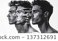 Three men are shown in black and white, their features slightly distorted. The image displays a glitch effect, highlighting concepts of regression and degradation in a minimalistic manner. 137312691