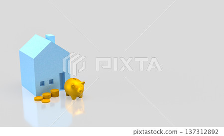 Golden Piggy Bank with House Investment Concept 3d render. 137312892