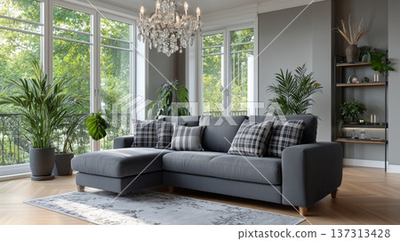 Modern Living Room Design with Stylish Grey Sofa, Natural Light, and Elegant Chandelier Accented by 137313428