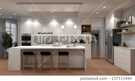 Modern Minimalist Kitchen Design Featuring Elegant Marble Island, Sleek Appliances, and Contemporary Modern Minimalist Kitchen Design Featuring Elegant Marble Island, Sleek Appliances, and Contemporary 137313484