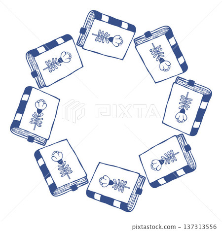 Books Circular Wreath Frame. Round Reading Hobby Border with Notebooks with Empty Copy Space. Blue Line Art Doodle hand-drawn. Vector Illustration 137313556