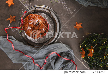 Overhead View of Panettone on Dark Table 137313755