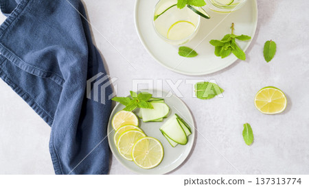 Refreshing Lime and Cucumber Water with Fresh Mint Leaves 137313774