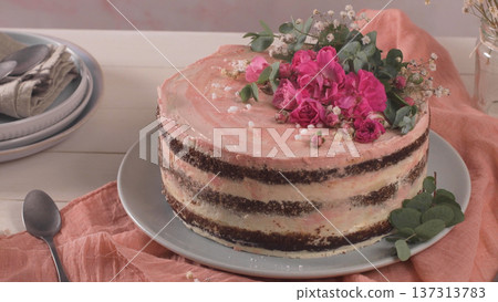Rustic Naked Layer Cake with Pink Frosting and Fresh Floral Topping Rustic Naked Layer Cake with Pink Frosting and Fresh Floral Topping 137313783