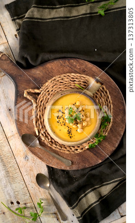 Creamy Butternut Squash or Pumpkin Soup with Chickpeas and Nigella Seeds 137313805