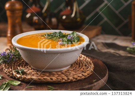 Creamy Pumpkin Soup Garnished with Fresh Herbs and Sesame Seeds in a Rustic Kitchen Setting 137313824