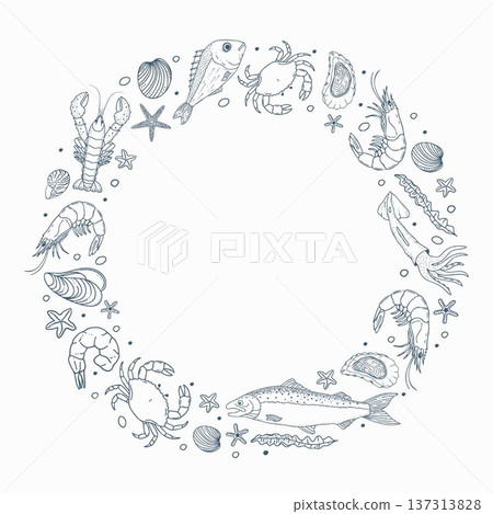 Seafood vector frame with hand drawn fish lobster crab shrimp oyster and squid. Marine animals sketch wreath for restaurant menu design or food packaging. Nautical ocean collection in vintage style. 137313828