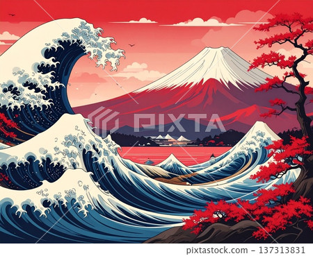 富士山與巨浪,浮世繪風格,日式動感海景插畫 富士山與巨浪,浮世繪風格,日式動感海景插畫 137313831