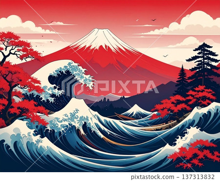 日式風格的紅色富士山和洶湧的波浪插圖，浮世繪風格的日本風景 137313832