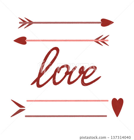 Love arrows with hearts, constructor. The word Love. A set of elements in a flat cartoon style Red, pink Watercolor, pastel. Isolated design elements for goods, polygraphy, prints, packaging, textiles 137314040