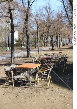 Empty tables at a street cafe in a park in early spring or autumn 137314139