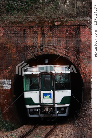 2026年2月20日，Kiha 185系列柴油動車組（復刻日本國鐵塗裝）特快列車「Kenzan」駛過一條復古隧道。 137314177