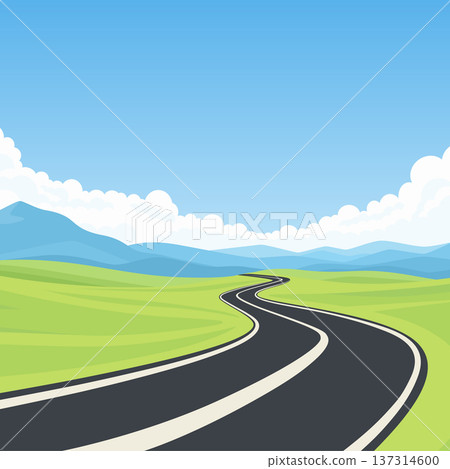 Winding Road Landscape, Cartoon Vector Illustration. Scenic Highway Through Green Hills with Blue Mountains and Clouds. Summer Countryside Square Background. Curved Asphalt Road Perspective 137314600