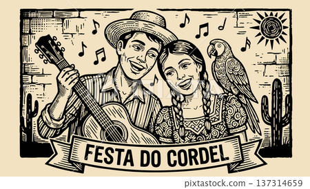 Cordel festival. Cheerful singing couple of brazilians with guitar and parrot. Brazilian northeastern folklore. Cordel style. Vector woodcut poster with lettering 137314659