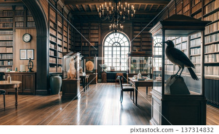 Grand antique library or museum interior with floor-to-ceiling bookshelves. Historical study with taxidermy and scientific artifacts in display cases. Concept of knowledge and education 137314832