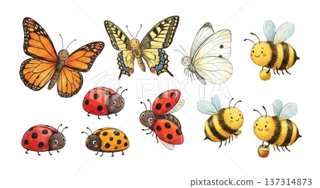「春季昆蟲」套裝，包含蝴蝶、瓢蟲和蜜蜂。 137314873