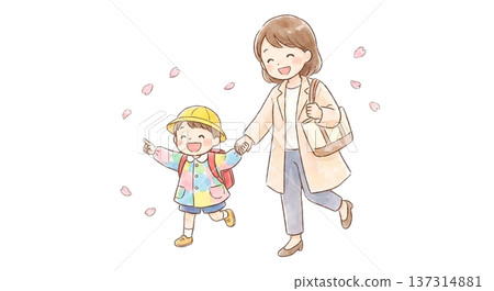 Parents and children holding hands and excitedly walking to school 137314881