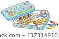 A toolbox and a brand new set of crayons, scissors, and glue 137314910