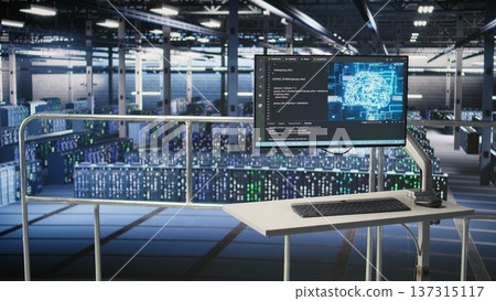 Elevated industrial data center control station screen showing analytics from servers powering AI applications. Monitor displaying neural network diagnostics and infrastructure performance metrics Elevated industrial data center control station screen showing analytics from servers powering AI applications. Monitor displaying neural network diagnostics and infrastructure performance metrics 137315117