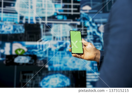 Modern black person in digital space uses isolated display with AI tools, representing artificial intelligence data structures and intelligent systems. Innovation and cybernetics for science. 137315215