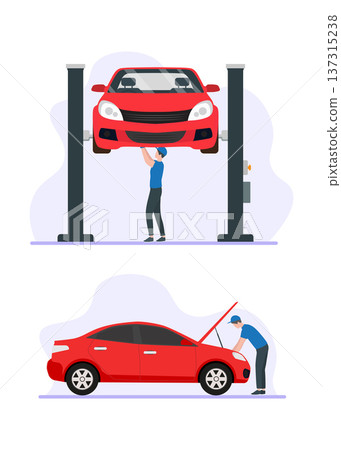 Mechanic repairing red car on lift and under hood stock illustration. Mechanic repairing red car on lift and under hood stock illustration. 137315238