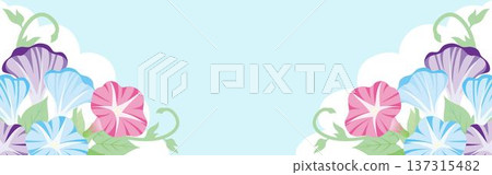 牽牛花和積雨雲的邊框。暑假、日本夏季、夏季促銷廣告背景 137315482