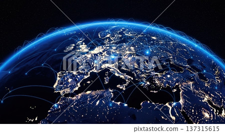 A vision of the future in the tech and AI era, with the European continent and urban networks seen from space. 137315615