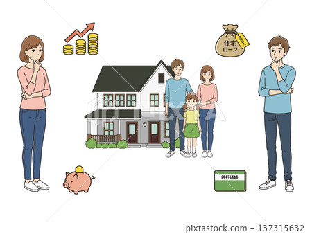 一幅描繪一家人和一對夫婦考慮抵押貸款和購房的插圖(儲蓄、存摺、現金) 一幅描繪一家人和一對夫婦考慮抵押貸款和購房的插圖(儲蓄、存摺、現金) 137315632