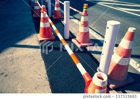 Road construction to improve sidewalks - Warm and cool colors Road construction to improve sidewalks - Warm and cool colors 137315683