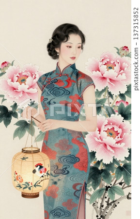 Elegant traditional Chinese ink wash painting of a beautiful woman in a blue and red qipao holding a bird-painted lantern among blooming pink peonies. 137315852