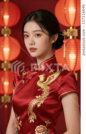 Beautiful young Asian woman in traditional red cheongsam with golden phoenix embroidery posing against a background of glowing red lanterns for Lunar New Year celebration. 137316046